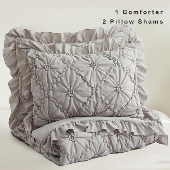 King Size Bed Comforter Set Gray Ruffle Grey Shabby Cottage Chic Pinch Bedding - Picture 3 of 8